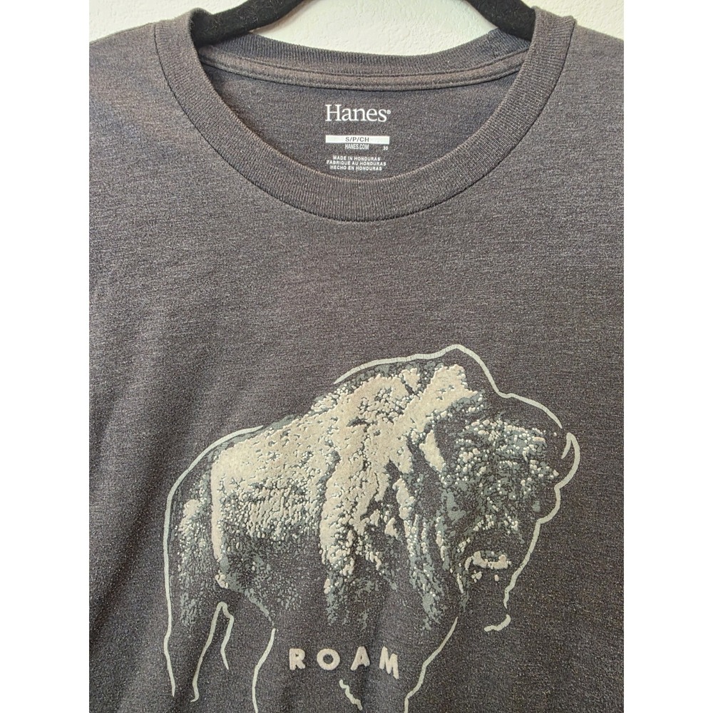Hanes Mens National Parks T Shirt Sz S Bison Roam Raised Felt Print Heather Grey
